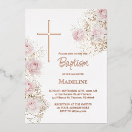 baby's breath and pink roses Baptism 箔招待状