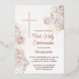 baby's breath and pink roses First Communion 箔招待状