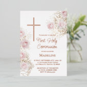 baby's breath and pink roses First Communion 箔招待状 (立ち正面)