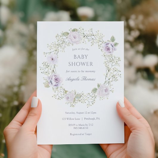 Baby's Breath and Purple Roses Baby Shower 招待状