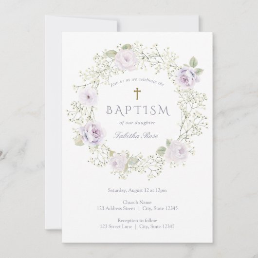 Baby's Breath and Purple Roses Baptism Invitation 招待状 (正面)