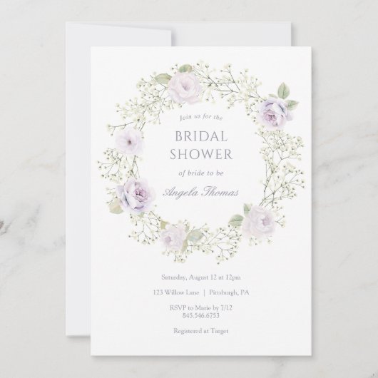 Baby's Breath and Purple Roses Bridal Shower 招待状 (正面)