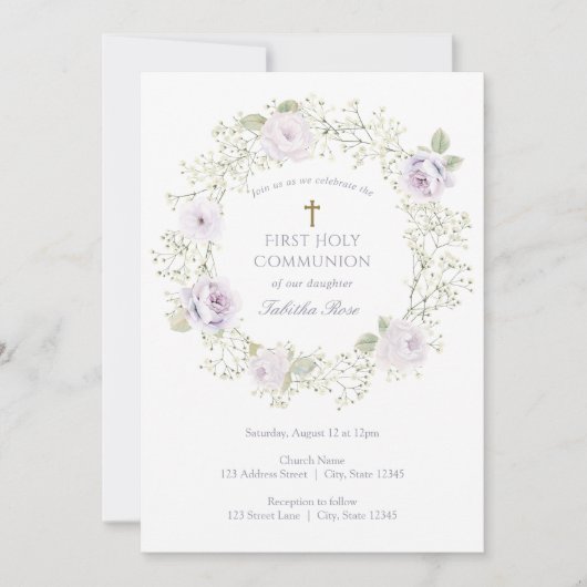 Baby's Breath and Purple Roses First Communion 招待状 (正面)