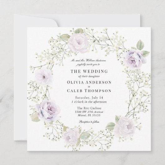 Baby's Breath and Purple Roses Wedding 招待状 (正面)