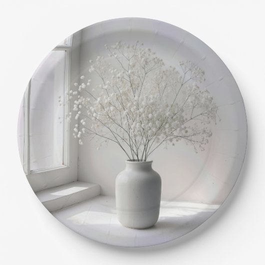 Baby's Breath Bouquet In White Vase ペーパープレート (正面)
