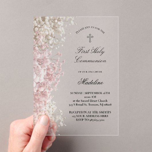 Baby's Breath flowers First Communion アクリル招待状 (インサイチュ (ポータブル))