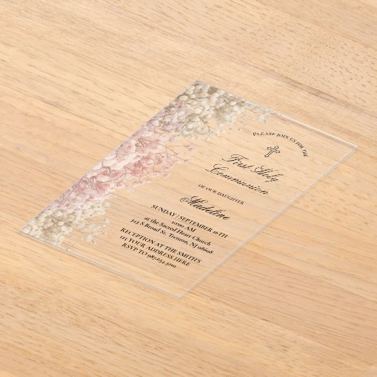 Baby's Breath flowers First Communion アクリル招待状 (レイダウン)