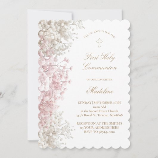 Baby's Breath flowers First Communion 招待状 (正面)