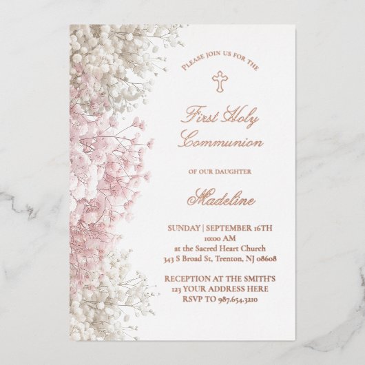 Baby's Breath flowers First Communion 箔招待状 (正面)