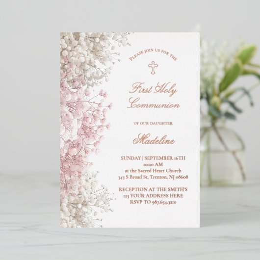 Baby's Breath flowers First Communion 箔招待状 (立ち正面)