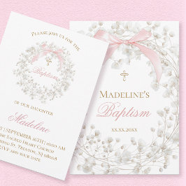 baby's breath flowers pink bow Baptism 招待状