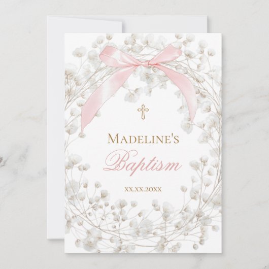 baby's breath flowers pink bow Baptism 招待状 (正面)