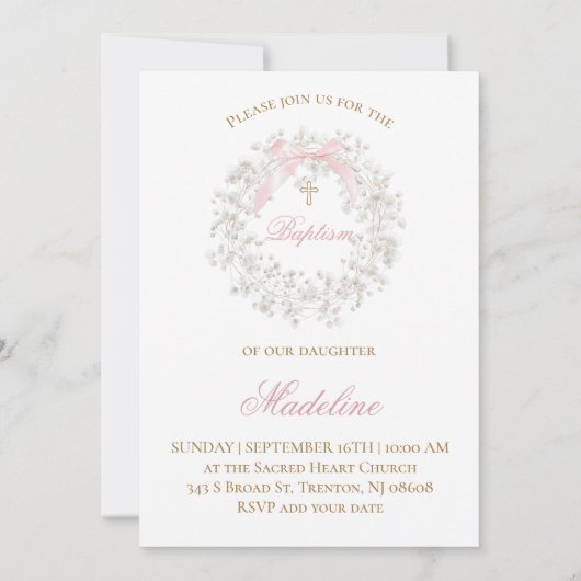 baby's breath flowers pink bow Baptism 招待状 (裏面)