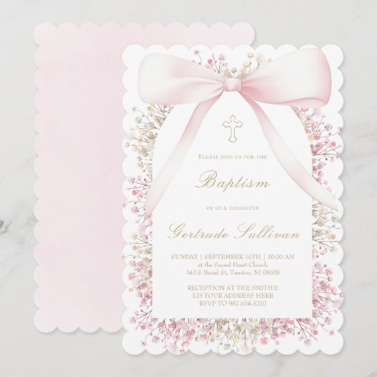 baby's breath frame pink bow | Baptism 招待状 (正面/裏面)
