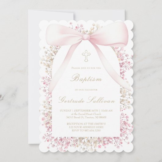 baby's breath frame pink bow | Baptism 招待状 (正面)