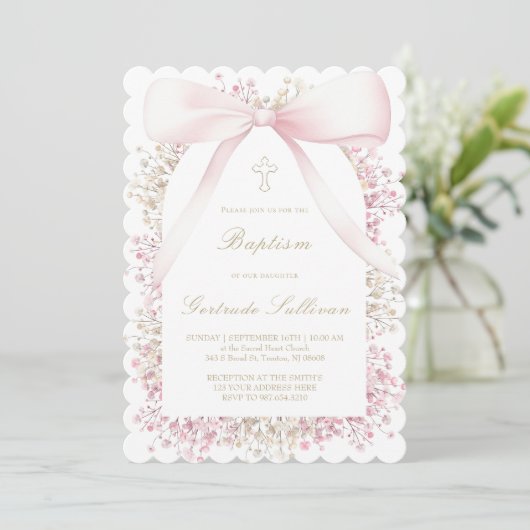 baby's breath frame pink bow | Baptism 招待状 (スタンド正面)