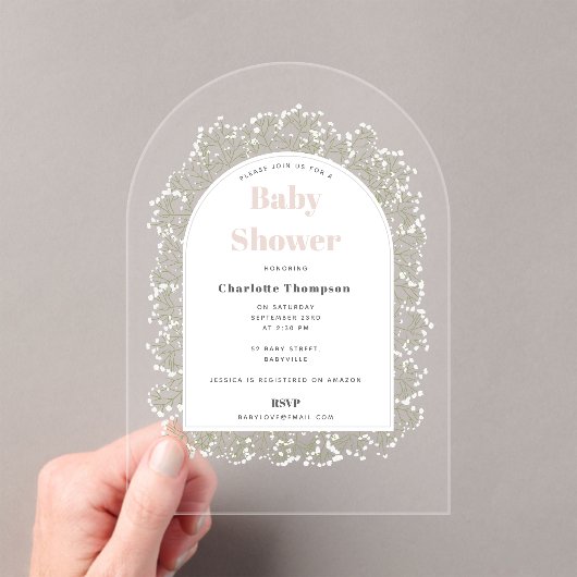 Baby's Breath Girl Pink Gypsophila Baby Shower アクリル招待状 (インサイチュ (ポータブル))