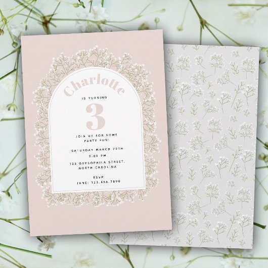 Baby's Breath Girl Pink Gypsophila Kids Birthday 招待状