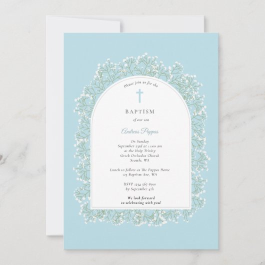 Baby's Breath Greek Orthodox Baptism Blue Boy 招待状 (正面)