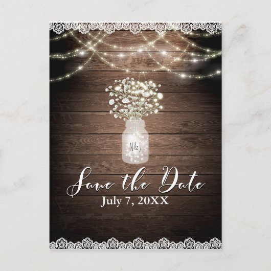 Baby's Breath Lights Wedding 素朴 Save the Date 案内ポストカード (正面)