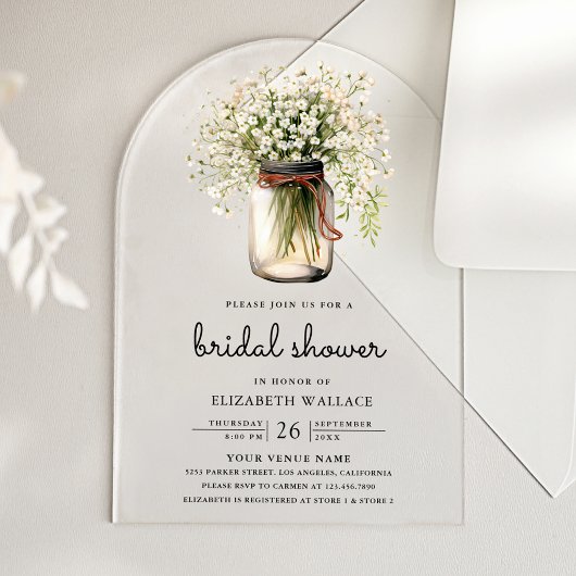 Baby's Breath Mason Jar Bridal Shower アクリル招待状