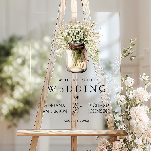 Baby's Breath Mason Jar Wedding Welcome アクリルサイン