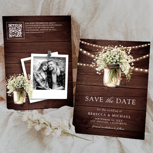 Baby's Breath Mason Jar Wood QR Code Wedding Photo セーブザデート