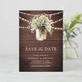 Baby's Breath Mason Jar Wood QR Code Wedding Photo セーブザデート (スタンド正面)