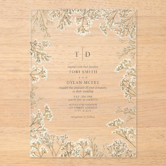 Baby's Breath Monogram Botanical Wedding アクリル招待状 (正面)