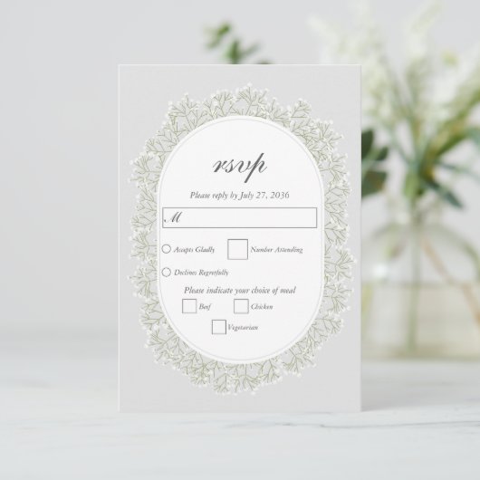 Baby's Breath Monogram Gypsophila Floral Wedding 出欠カード (スタンド正面)