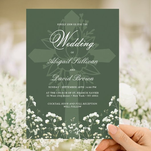Baby's Breath on Sage Green Religious Wedding 招待状