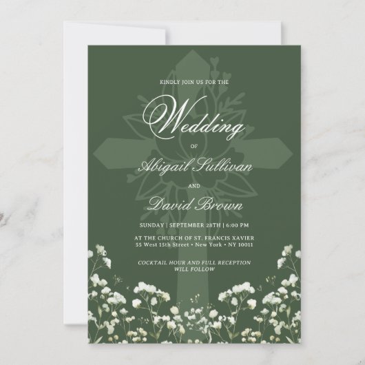 Baby's Breath on Sage Green Religious Wedding 招待状 (正面)