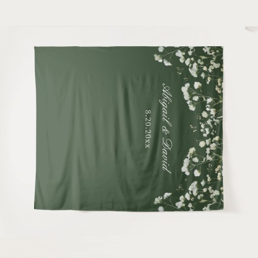 Baby's Breath on Sage Green Wedding Backdrop タペストリー (正面(横))