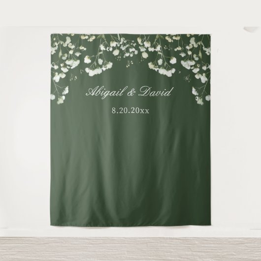 Baby's Breath on Sage Green Wedding Backdrop タペストリー (正面)