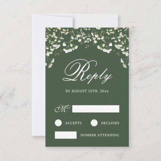 Baby's Breath on Sage Green Wedding RSVP Card (正面)