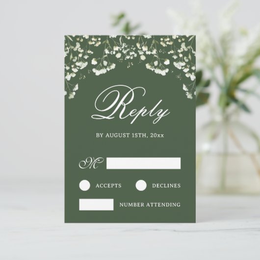 Baby's Breath on Sage Green Wedding RSVP Card (スタンド正面)