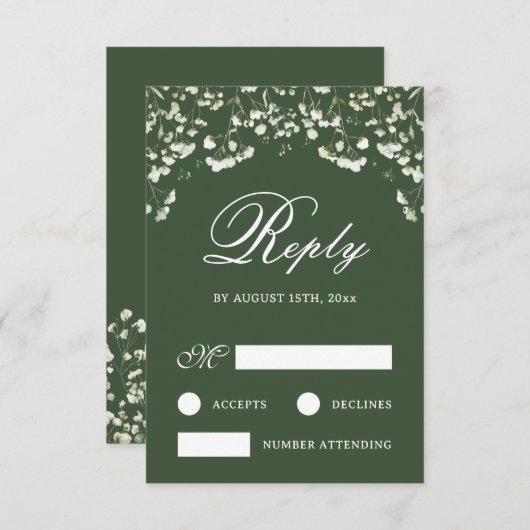 Baby's Breath on Sage Green Wedding RSVP Card (正面/裏面)