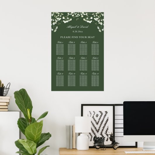 Baby's Breath on Sage Green Wedding Seating Chart ポスター (ホームオフィス)