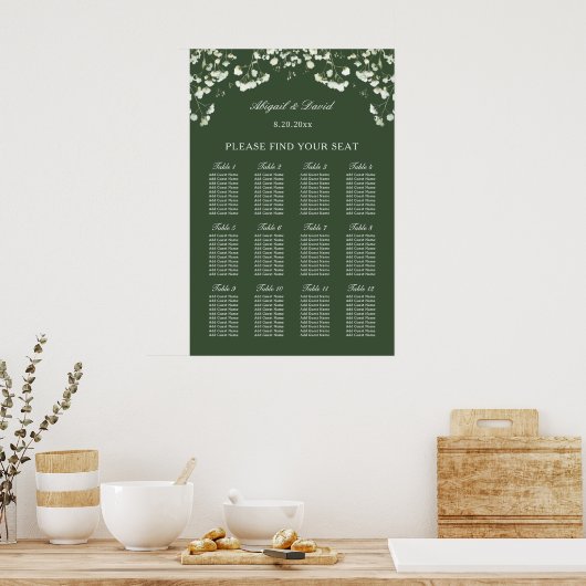 Baby's Breath on Sage Green Wedding Seating Chart ポスター (キッチン)