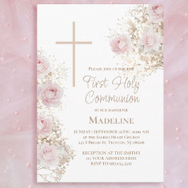 Baby's Breath pink roses First Holy Communion 招待状