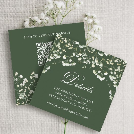 Baby's Breath Sage Green Wedding Details QR Code エンクロージャーカード