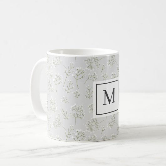 Baby's Breath White Floral Gypsophila Monogram コーヒーマグカップ (正面左)