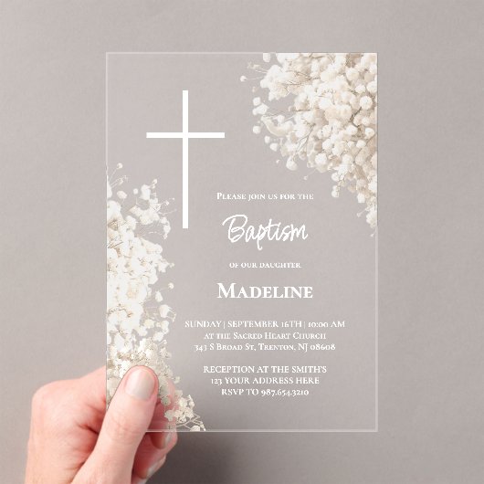 Baby's Breath white flowers Baptism アクリル招待状 (インサイチュ (ポータブル))
