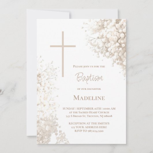 Baby's Breath white flowers Baptism 招待状 (正面)