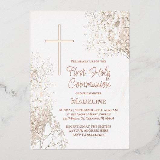 baby's breath white flowers First Holy Communion 箔招待状 (正面)