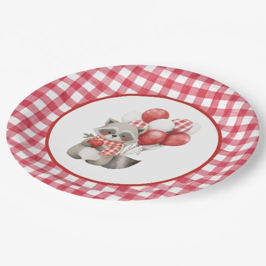Baby's Cherry First Red Gingham Birthday ペーパープレート (アングル)