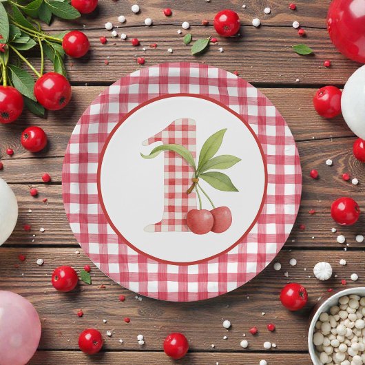 Baby's Cherry First Red Gingham Birthday ペーパープレート