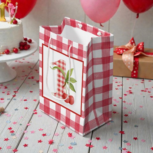 Baby's Cherry First Red Gingham Birthday ミディアムペーパーバッグ
