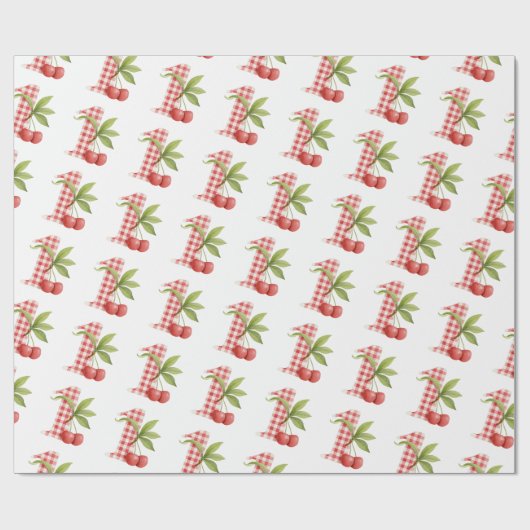 Baby's Cherry First Red Gingham Birthday ラッピングペーパー (フラット)
