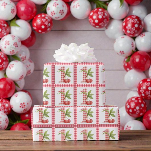 Baby's Cherry First Red Gingham Birthday ラッピングペーパー